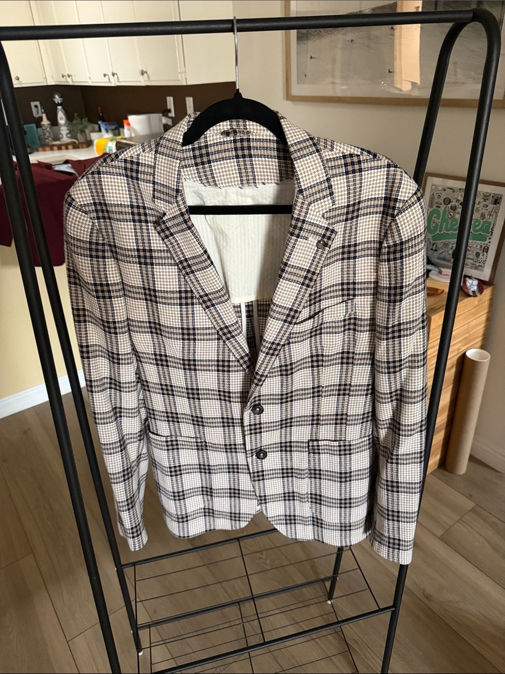 Zara Man Plaid Houndstooth Cotton Blend Blazer Jacket 42 Worn Twice